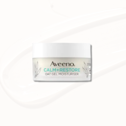 Jar of Aveeno Calm + Restore oat gel moisturizer packaging on a white background